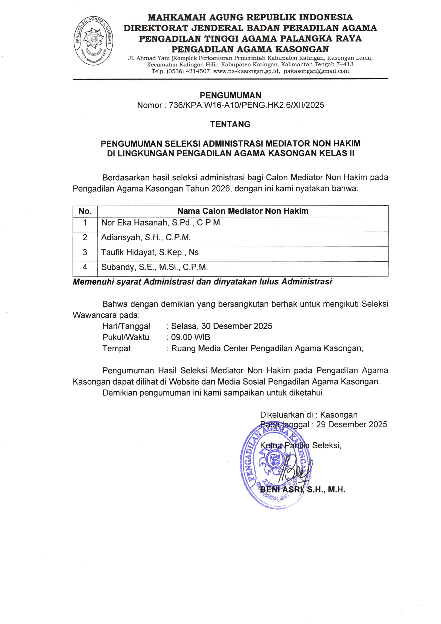 Pengumuman Seleksi Administrasi Mediator Non Hakim 2026 1