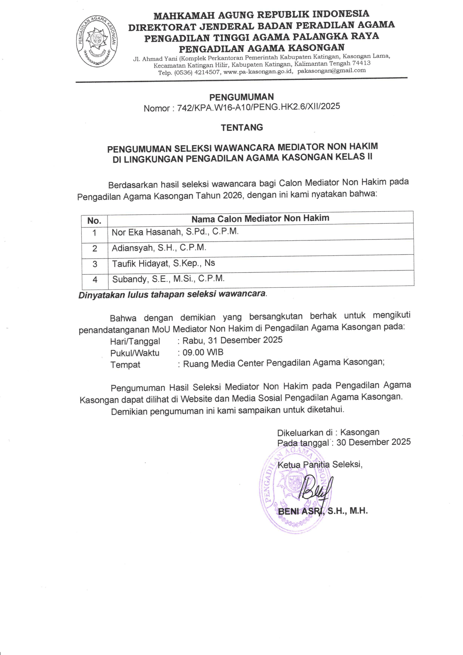 Pengumuman Seleksi Wawancara Mediator Non Hakim 1